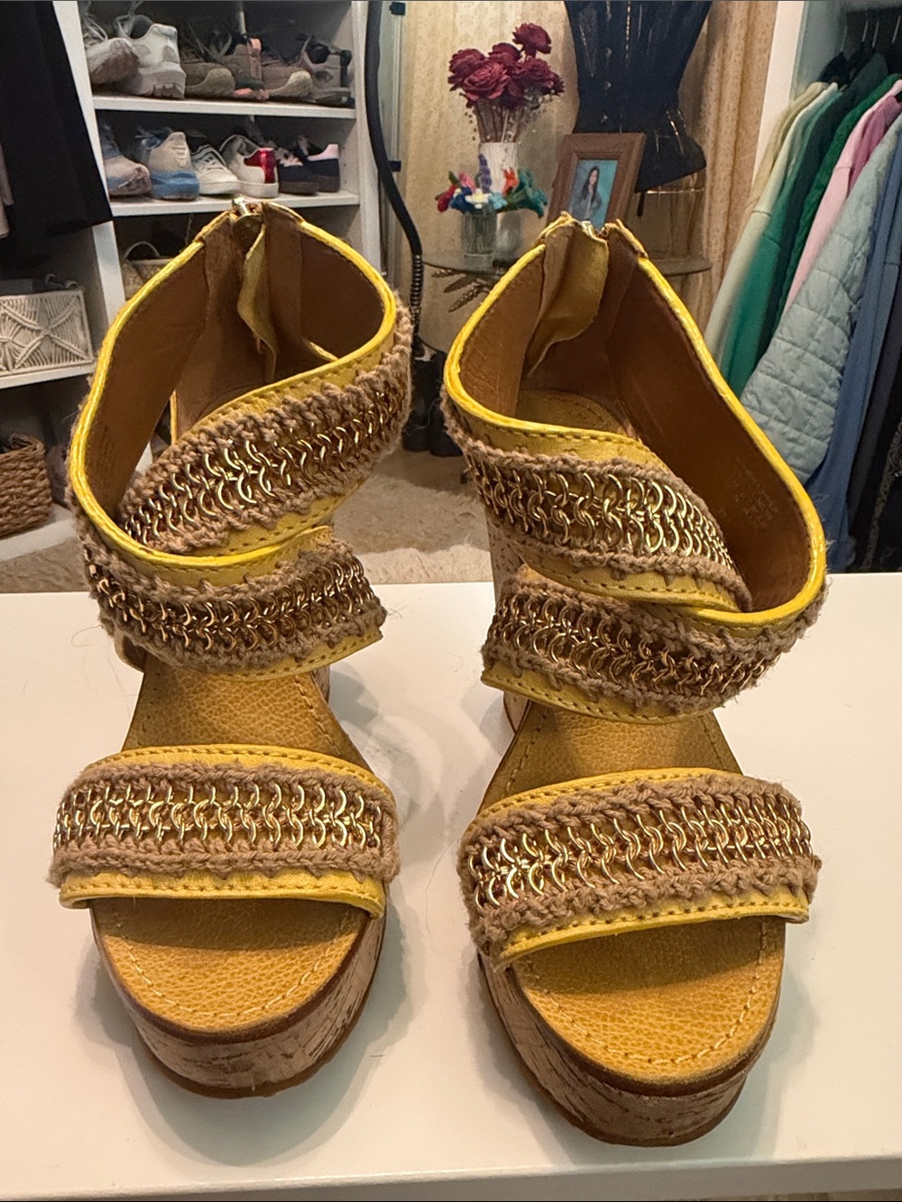 Tory Burch Yellow Wedge Sandals with Jute and Gold Chain Trim